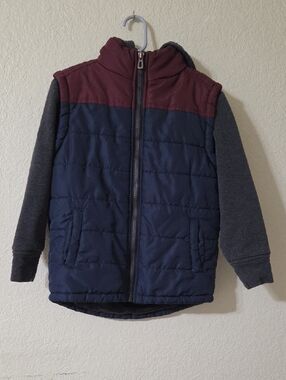 Kids Quilted Puffer Jacket with Burgundy Yoke and Navy Body